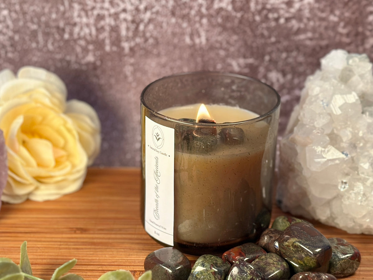 Breath of the Ancients – Organic Soy Crystal Candle with Dragon Blood Jasper | Eucalyptus, Cedarwood & Jasmine