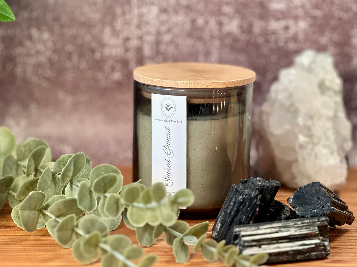 Sacred Ground – Organic Soy Crystal Candle with Black Tourmaline | Sandalwood, Cedarwood & Patchouli