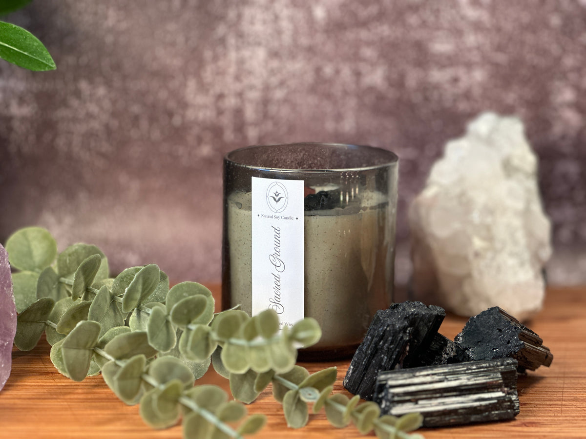 Sacred Ground – Organic Soy Crystal Candle with Black Tourmaline | Sandalwood, Cedarwood & Patchouli