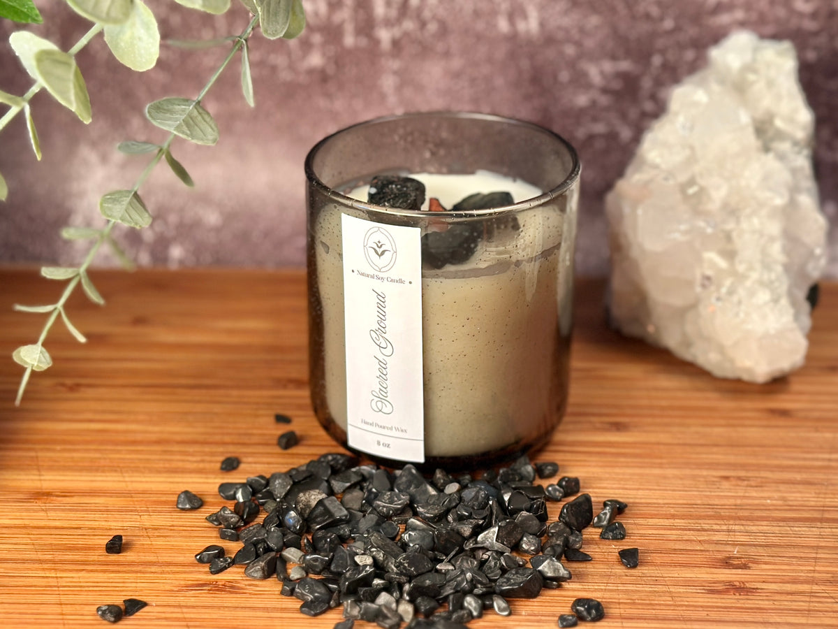 Sacred Ground – Organic Soy Crystal Candle with Black Tourmaline | Sandalwood, Cedarwood & Patchouli