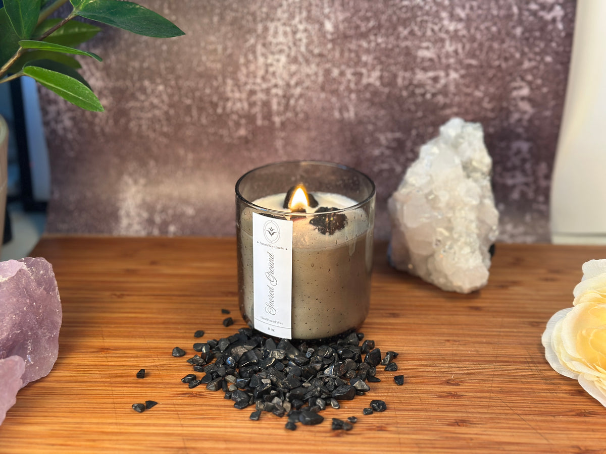 Sacred Ground – Organic Soy Crystal Candle with Black Tourmaline | Sandalwood, Cedarwood & Patchouli