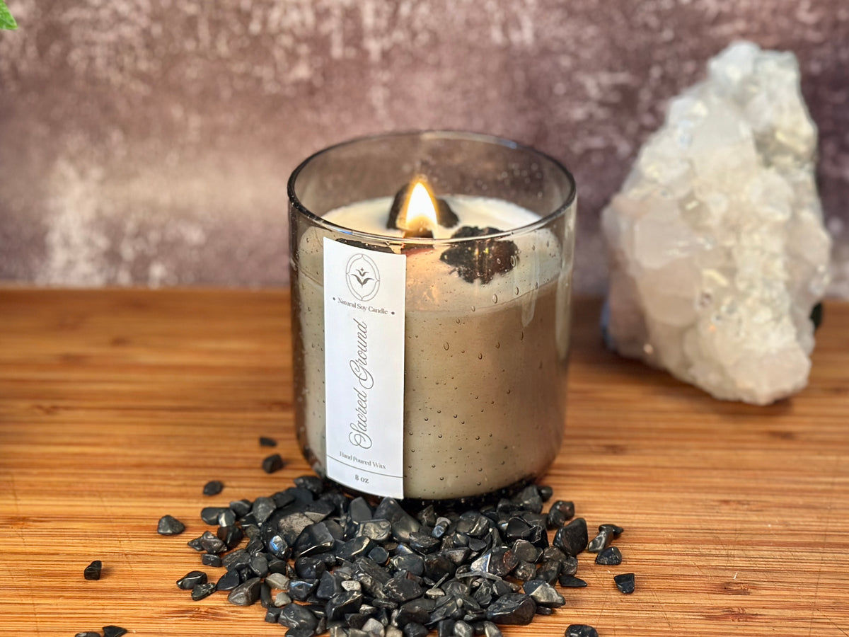 Sacred Ground – Organic Soy Crystal Candle with Black Tourmaline | Sandalwood, Cedarwood & Patchouli