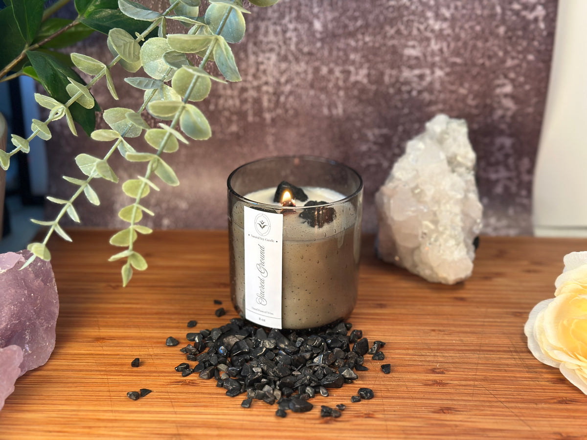 Sacred Ground – Organic Soy Crystal Candle with Black Tourmaline | Sandalwood, Cedarwood & Patchouli