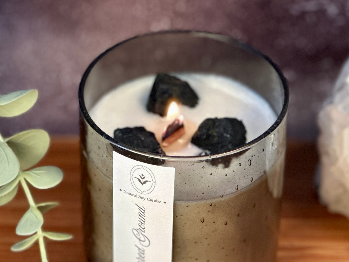 Sacred Ground – Organic Soy Crystal Candle with Black Tourmaline | Sandalwood, Cedarwood & Patchouli