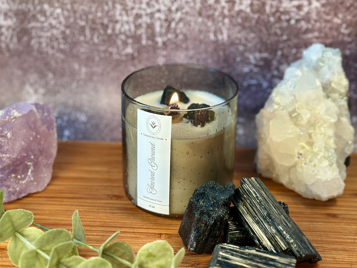 Sacred Ground – Organic Soy Crystal Candle with Black Tourmaline | Sandalwood, Cedarwood & Patchouli