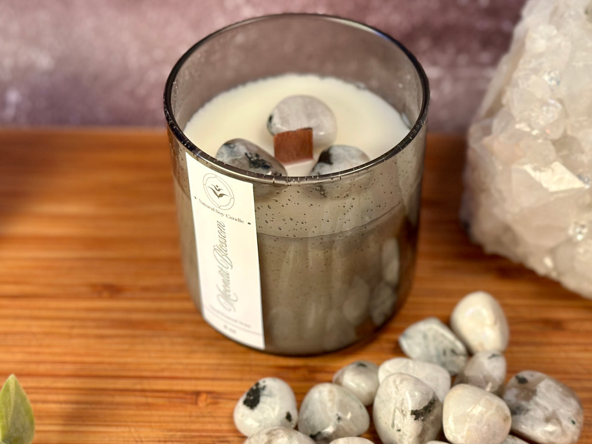 Moonlit Blossom – Organic Soy Crystal Candle with Moonstone | Jasmine, Vanilla & Sandalwood