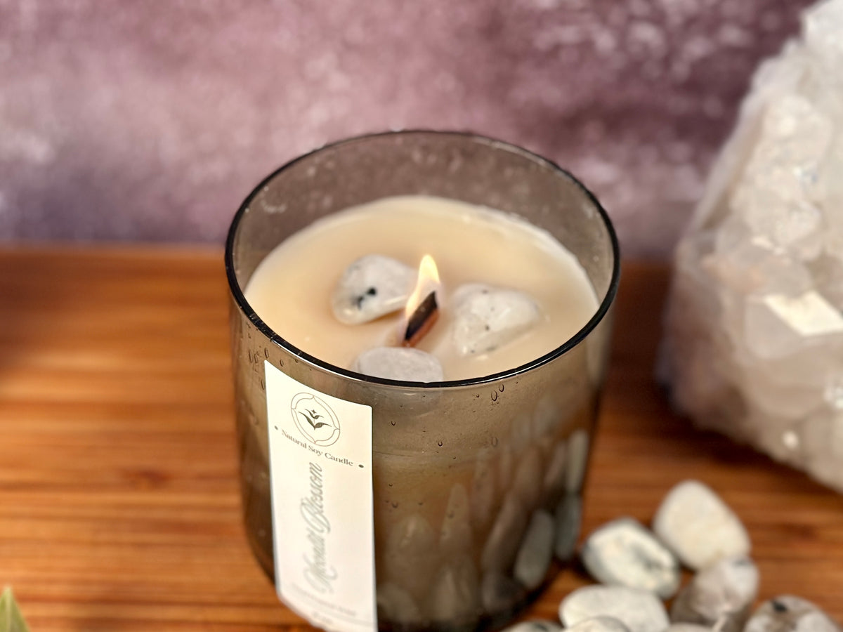 Moonlit Blossom – Organic Soy Crystal Candle with Moonstone | Jasmine, Vanilla & Sandalwood