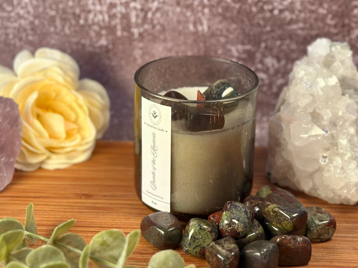 Breath of the Ancients – Organic Soy Crystal Candle with Dragon Blood Jasper | Eucalyptus, Cedarwood & Jasmine