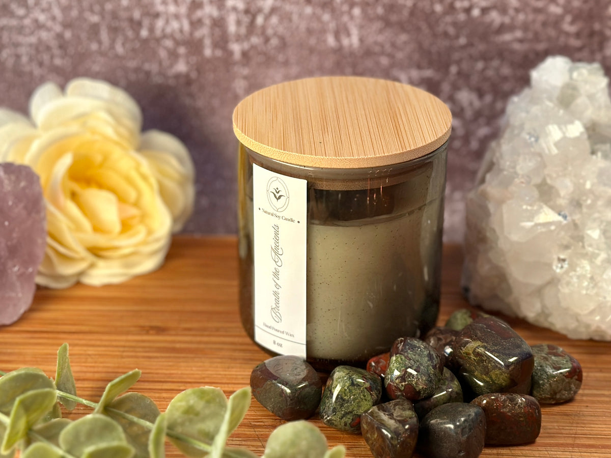Breath of the Ancients – Organic Soy Crystal Candle with Dragon Blood Jasper | Eucalyptus, Cedarwood & Jasmine