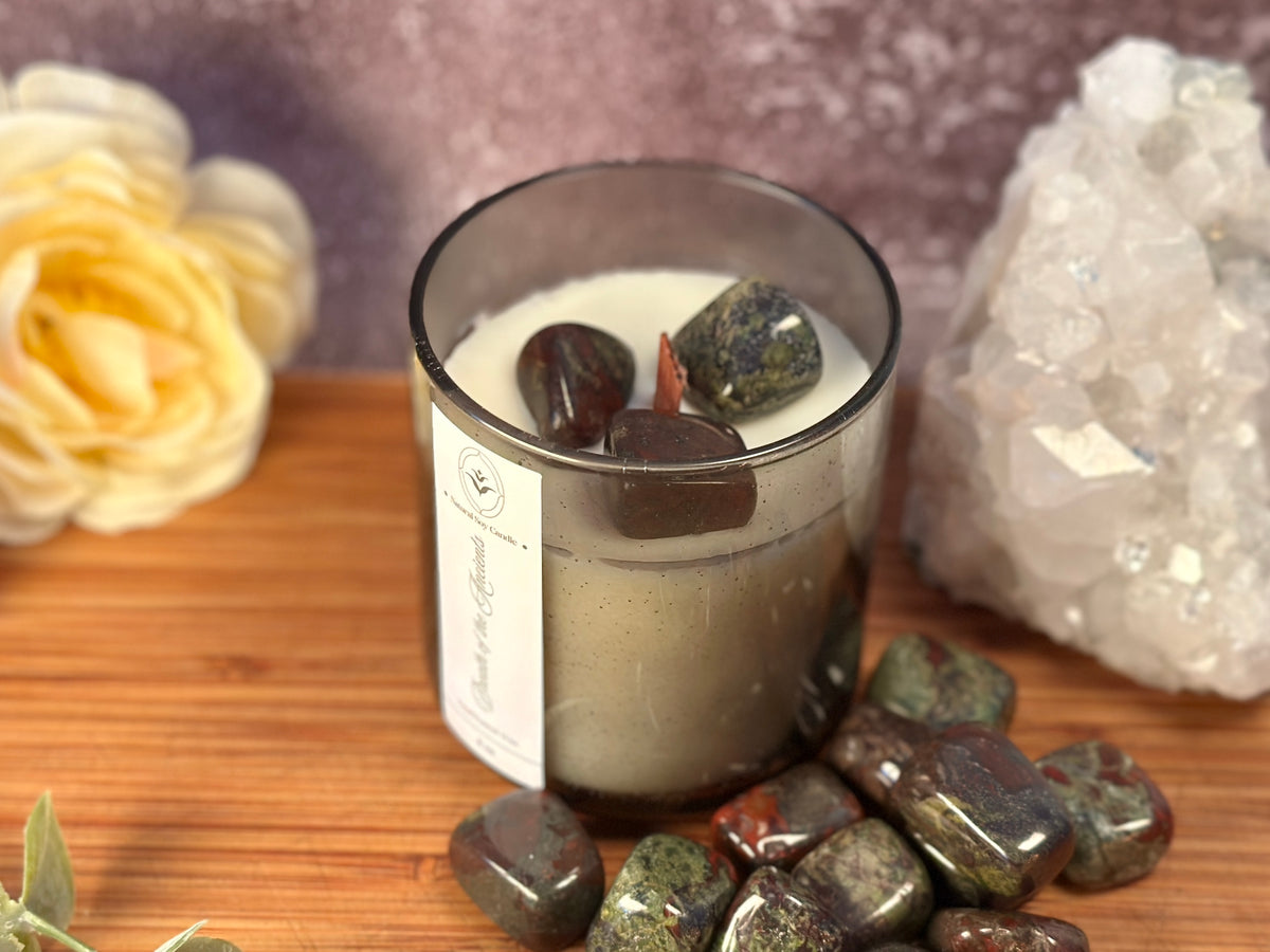 Breath of the Ancients – Organic Soy Crystal Candle with Dragon Blood Jasper | Eucalyptus, Cedarwood & Jasmine