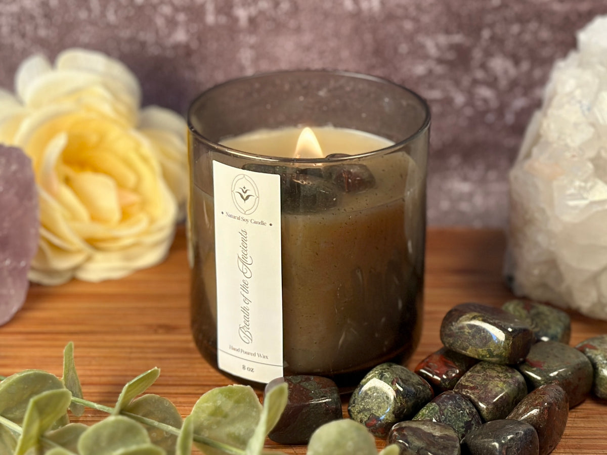 Breath of the Ancients – Organic Soy Crystal Candle with Dragon Blood Jasper | Eucalyptus, Cedarwood & Jasmine