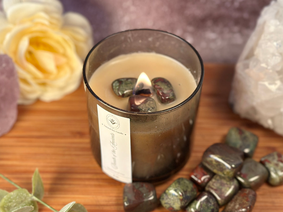 Breath of the Ancients – Organic Soy Crystal Candle with Dragon Blood Jasper | Eucalyptus, Cedarwood & Jasmine