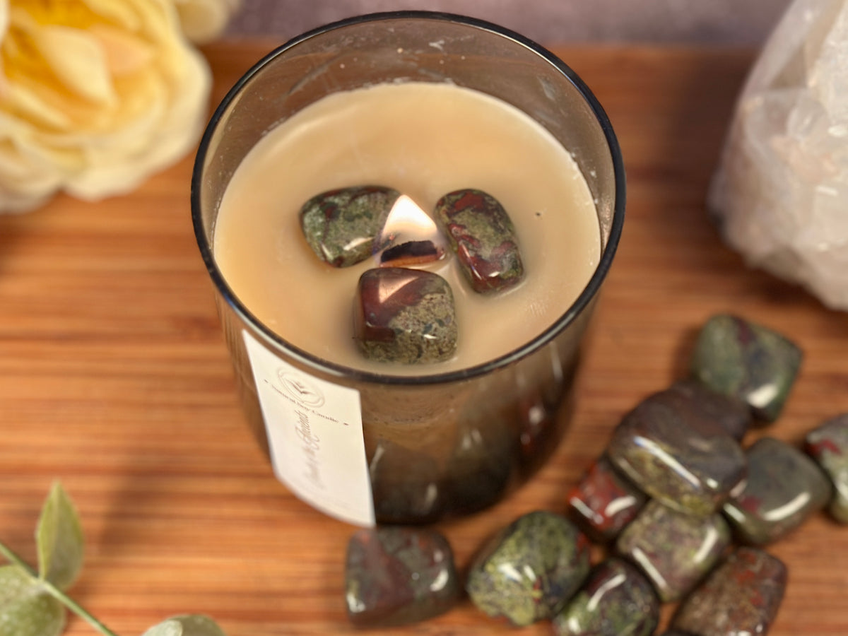 Breath of the Ancients – Organic Soy Crystal Candle with Dragon Blood Jasper | Eucalyptus, Cedarwood & Jasmine